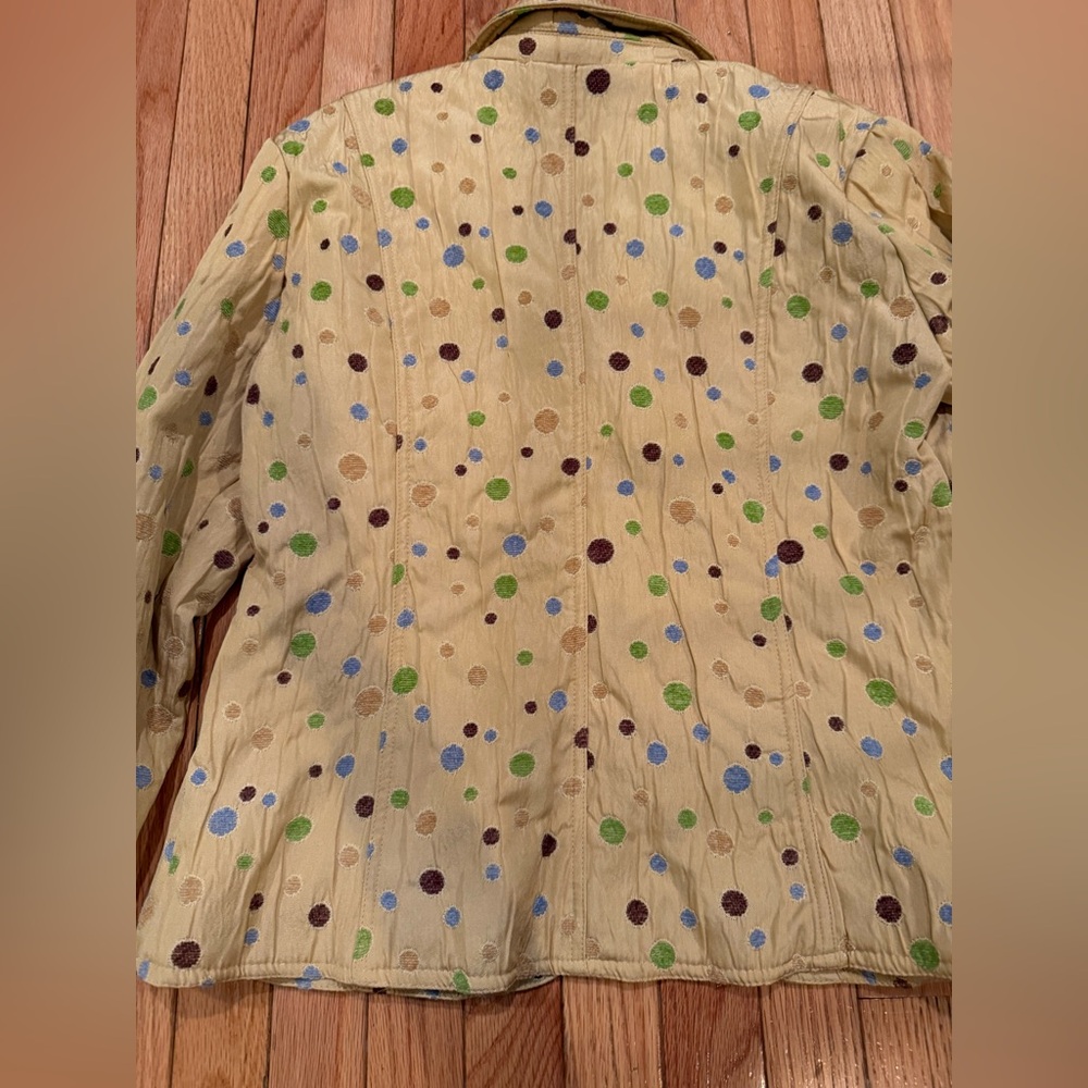 Chic Yellow Tan Green Blue Polka Dot Blazer fabric buttons - Picture 8 of 8